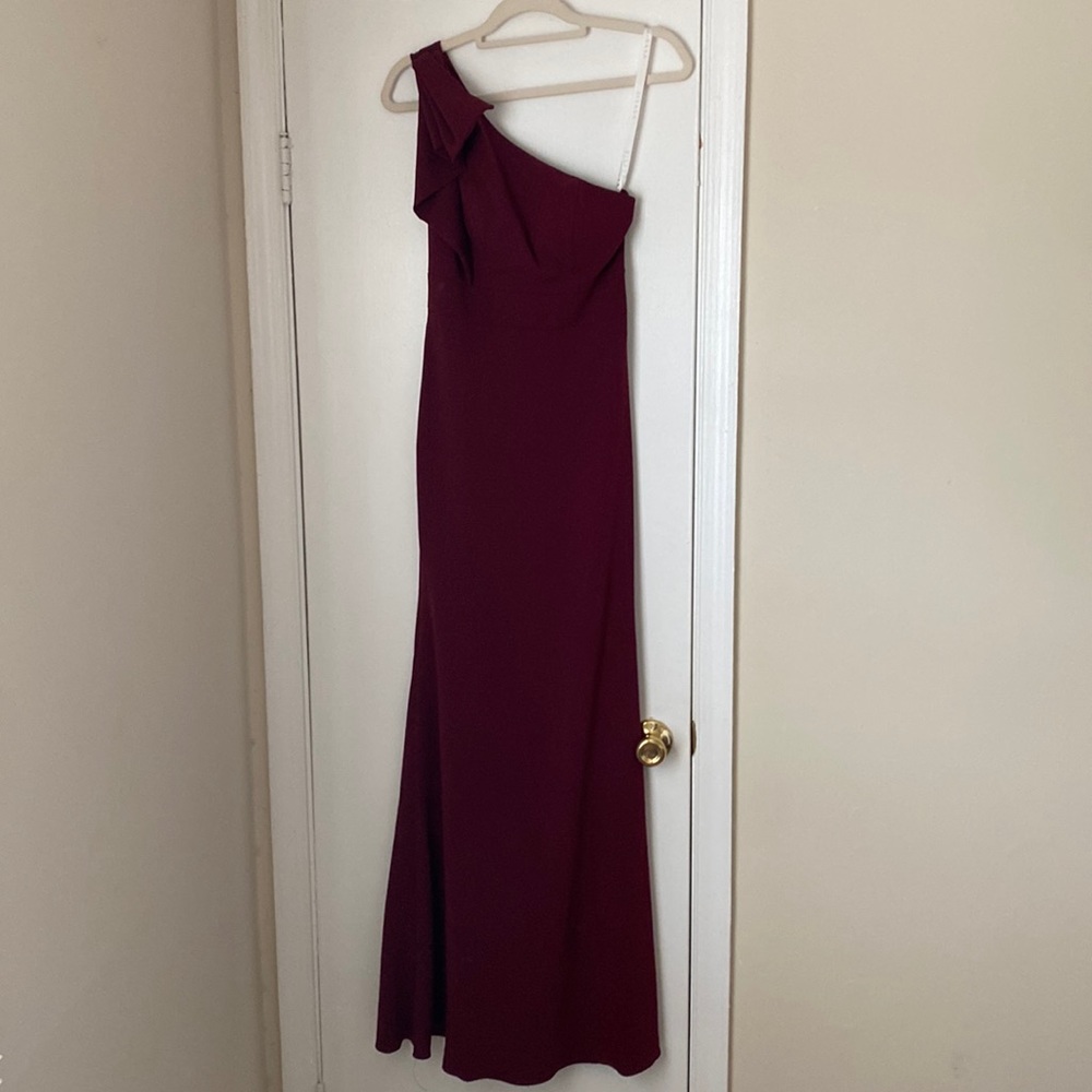 AZAZIE one shoulder Cabernet color bridesmaid or formal floor length dress